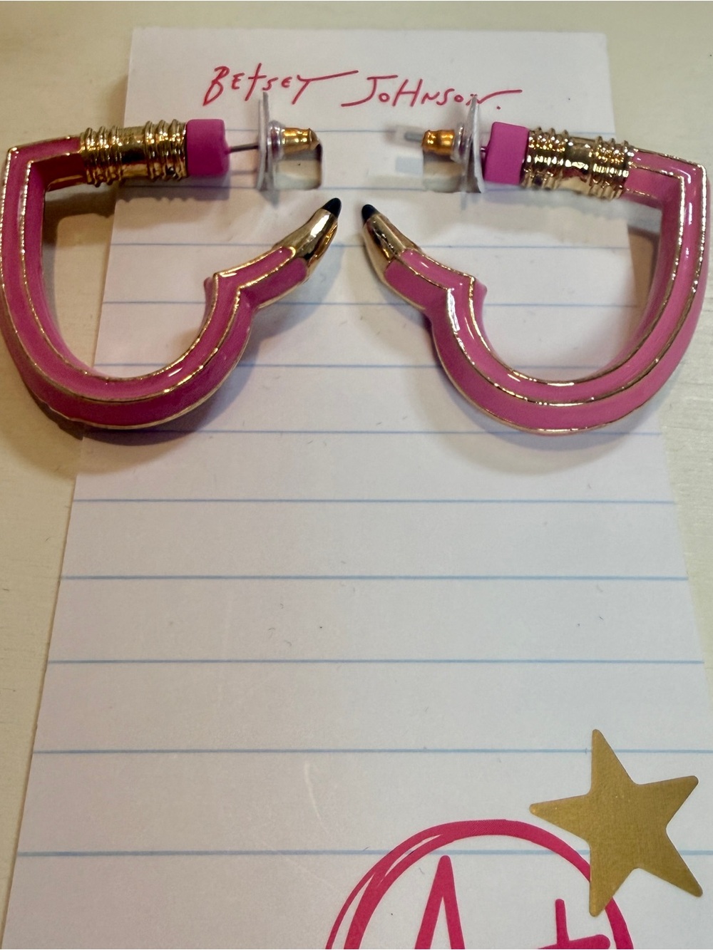 Betsey Johnson Pink Pencil Heart-Shaped Hoop Earrings with Gold Accents